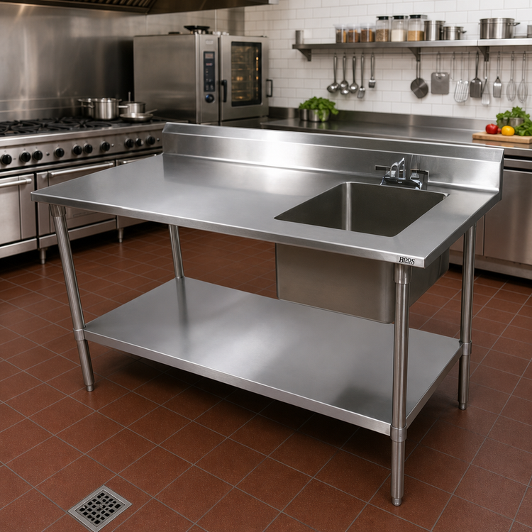 Product image #2 for John Boos 60-Inch x 30-Inch Stainless Steel Sink Work Table with Right-Side Prep Sink and 5-Inch Backsplash