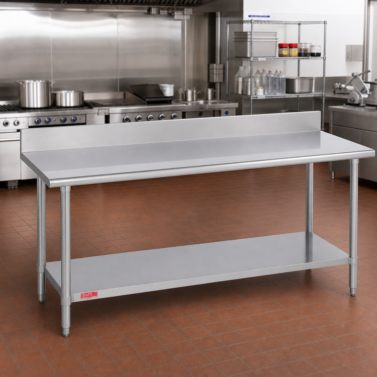 Product image #2 for Duke 120-Inch x 36-Inch Stainless Steel Work Table with 5-Inch Riser, 16-Gauge 400-Series Top, and Stainless Undershelf