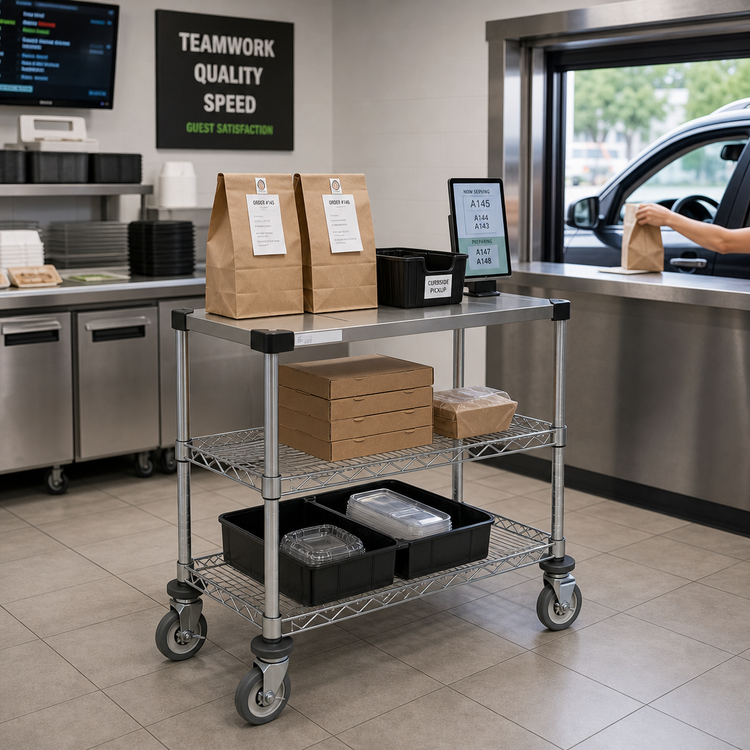 Product image #2 for Chain Reaction Drive-Thru 3-Tier Order Staging Cart with 30 x 14 Inch Stainless Steel Top