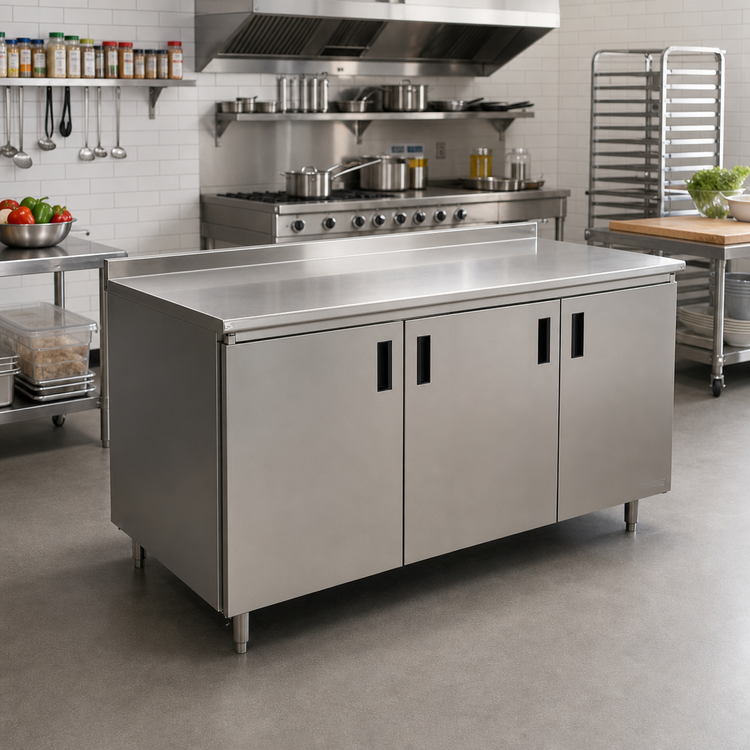 Product image #2 for Advance Tabco 108-Inch x 30-Inch Enclosed Stainless Steel Work Table with Cabinet Base, Mid-Shelf, Hinged Doors, and 1-1/2-Inch Rear Up-Turn