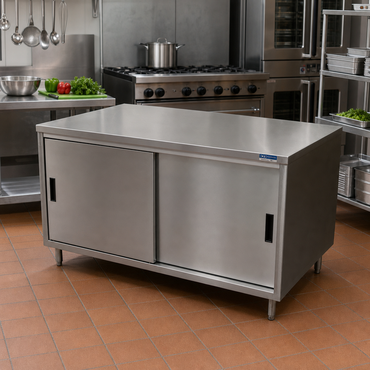 Product image #2 for BK Resources Dual Access Stainless Steel Chef Table Cabinet Base with Sliding Doors, 60 x 30 Inches