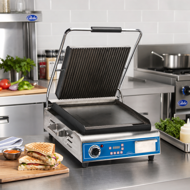 Product image #2 for Globe 14 x 10-Inch Countertop Panini Grill with Grooved Top and Smooth Bottom Cast Iron Plates