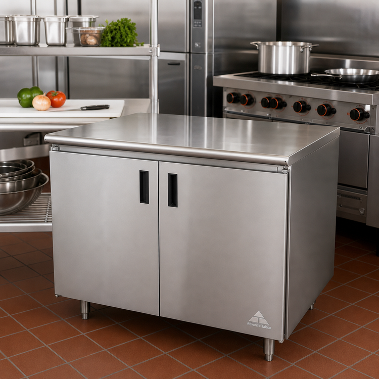 Product image #2 for Advance Tabco Special Value Economy Enclosed Work Table with Cabinet Base, Mid-Shelf, Hinged Doors, 48 x 30 Inch, 16 Gauge 304 Stainless Steel Top