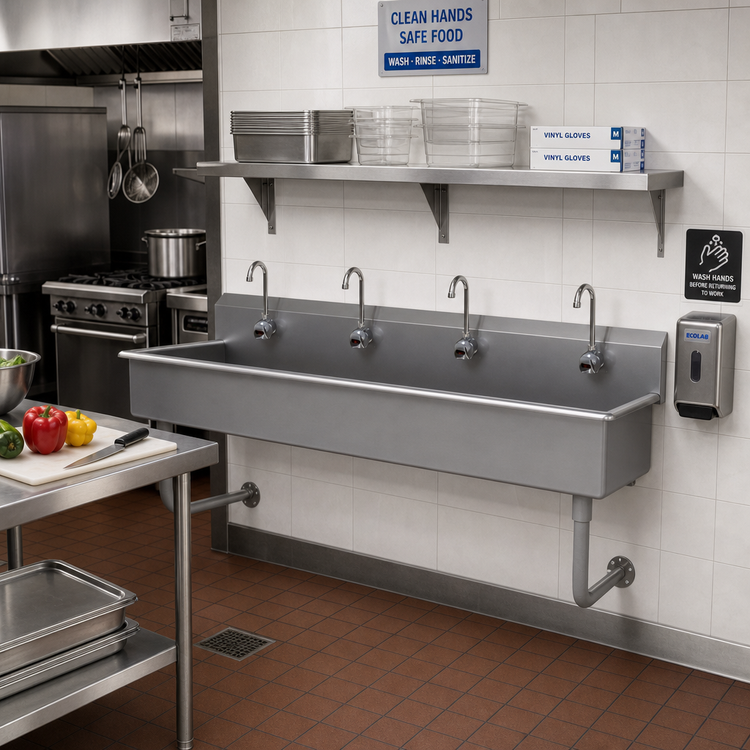 Product image #2 for Advance Tabco 80 Inch Wall-Mounted Multiwash Hand Sink with 4 Electronic Faucets