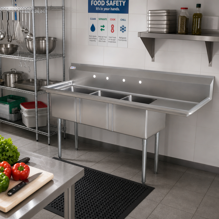 Product image #2 for Omcan USA 3-Compartment Pot Sink with Right-Hand Drainboard, 24 x 24 x 14-Inch Bowls