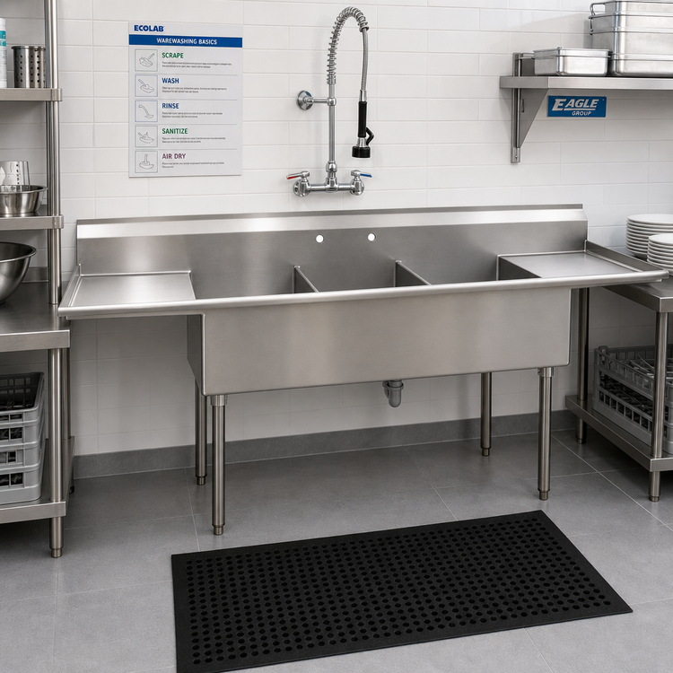 Product image #2 for Eagle Group Three-Compartment Utility Sink with Double Drainboards, 84-1/4-Inch Wide x 25-Inch Deep, 304 Stainless Steel
