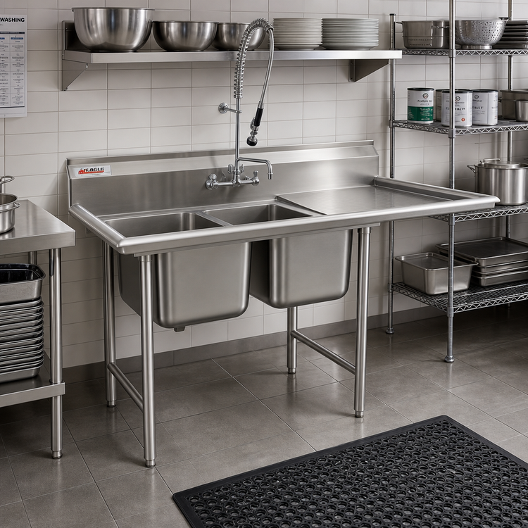 Product image #2 for Eagle Group 414 Series Commercial 2-Compartment Stainless Steel Sink with Right Drainboard, 72-3/4" W x 31-3/4" D