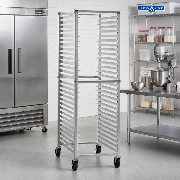 Product image #2 for New Age Full-Height Knock-Down Aluminum Bun Pan Rack with Open Sides, End Loading, 30-Pan Capacity, and 5-Inch Swivel Casters