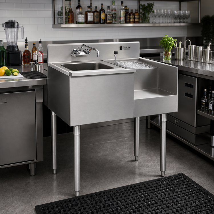 Product image #2 for Eagle 1800 Series Underbar Ice Bin/Cocktail Station with 7-Circuit Cold Plate, Blender Recess, Right-Side Ice Bin, 36"W x 20"D