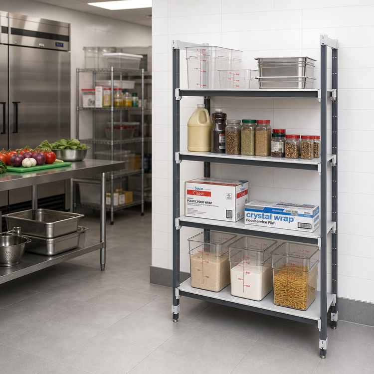 Product image #2 for Cambro Camshelving Elements XTRA 4-Shelf Solid Stationary Add-On Polymer Shelving Unit, 24"W x 18"D x 64"H, Speckled Gray