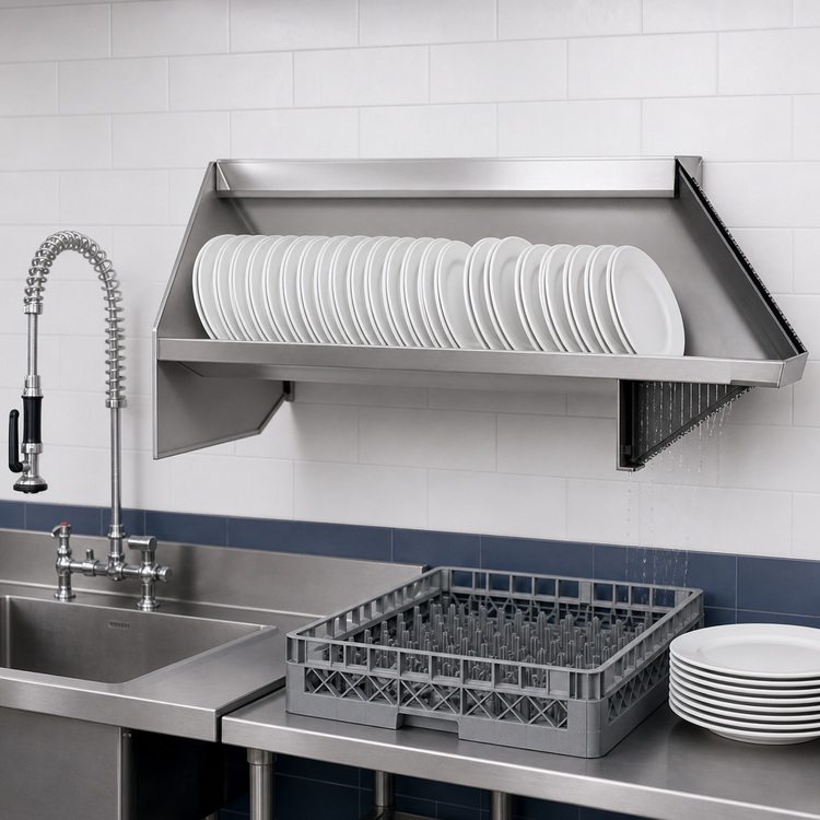 Product image #2 for Wall-Mounted Slanted Solid Dishtable Rack Shelf, 21 x 21 Inches, Right-Side Drip Tube