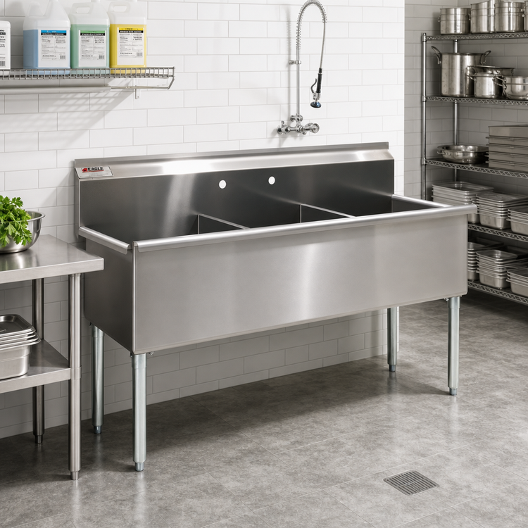 Product image #2 for Eagle Group 61-3/8-Inch Three-Compartment Utility Sink, 304 Stainless Steel, with Galvanized Legs