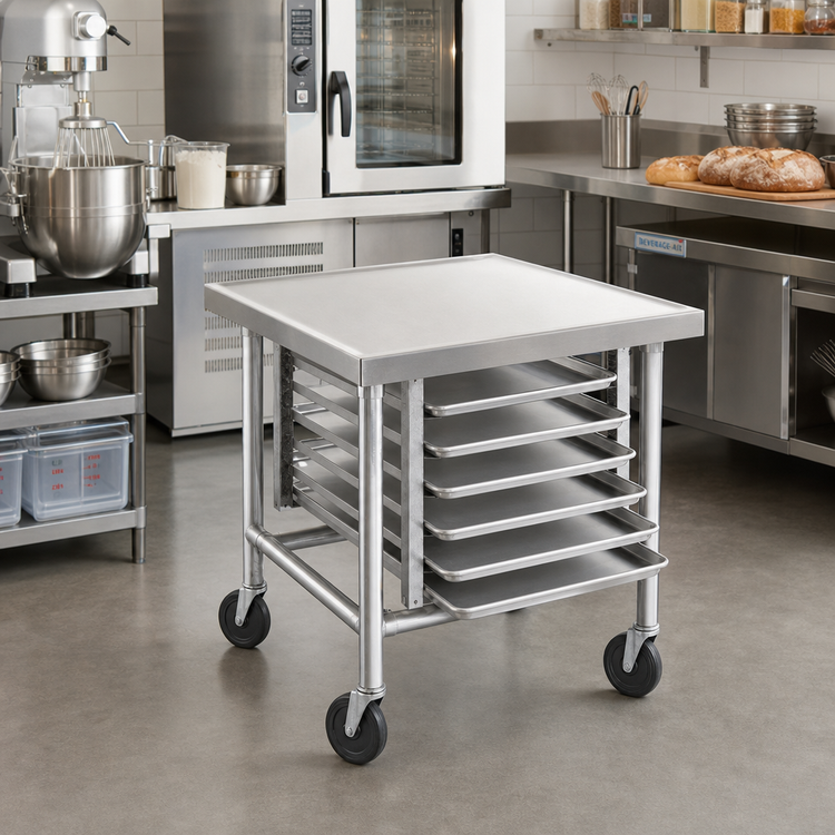 Product image #2 for Advance Tabco 30 x 30 Inch Mobile Mixer Table with 6-Pan Rack Slides, 304 Stainless Steel Top, Galvanized Base