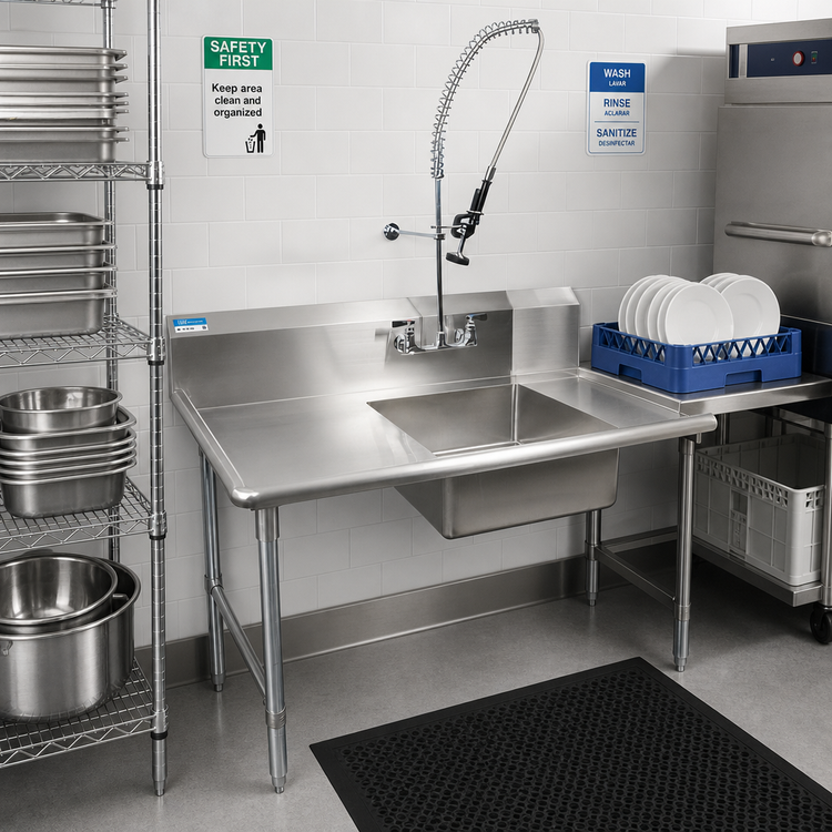 Product image #2 for 60-Inch Straight Soiled Dish Table with Left-to-Right Operation, Pre-Rinse Sink, Faucet, Drain, and 10-Inch Backsplash