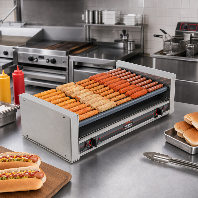 Product image #2 for Roll-A-Grill 45 Hot Dog Slanted Roller Grill with 10 GripsIt Rollers, 230V