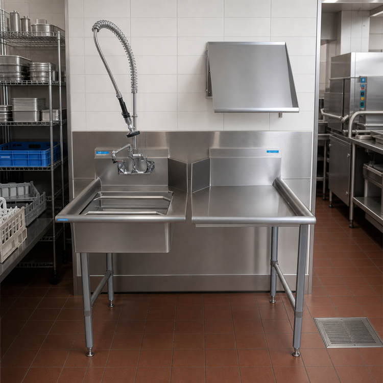 Product image #2 for BK Resources 48-Inch Left-to-Right Dish Table Kit with Clean and Soiled Tables, Slant Shelf, and Pre-Rinse Assembly