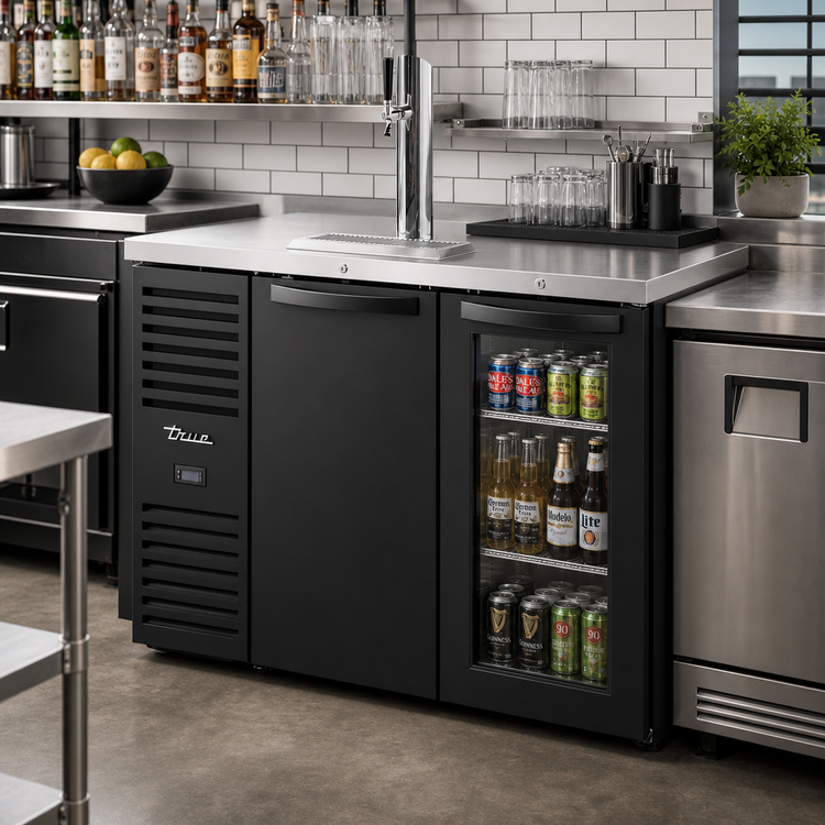 Product image #2 for True 48-Inch Two-Section Refrigerated Draft Bar Cooler with One Solid Door, One Glass Door, and Beer Column
