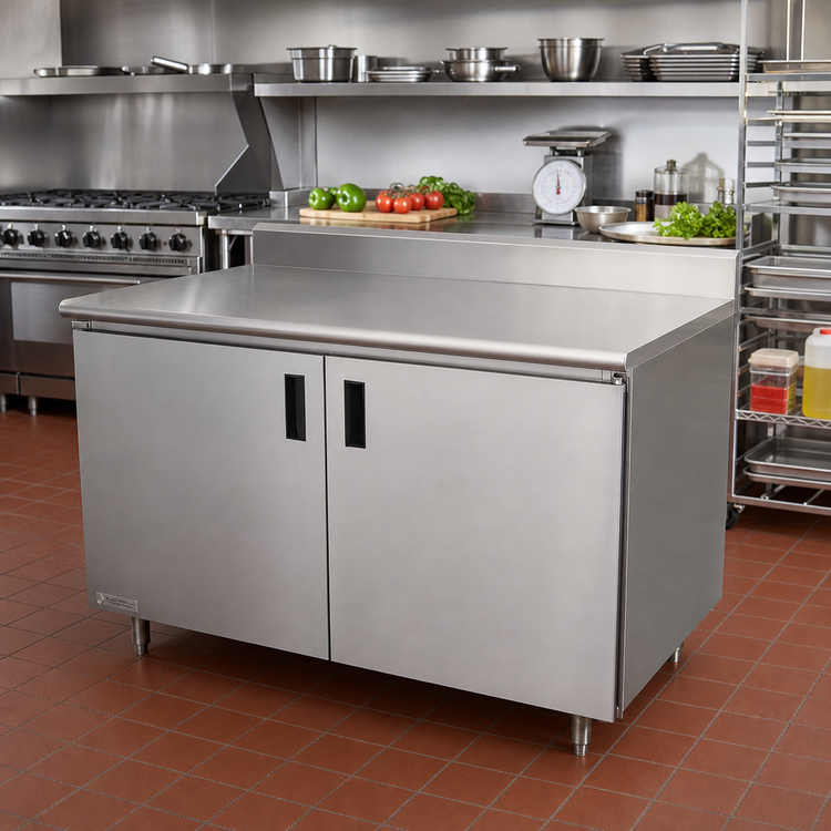 Product image #2 for Advance Tabco Enclosed Work Table with Cabinet Base, Mid-Shelf and Hinged Doors, 84 x 30 Inches, 14-Gauge 304 Stainless Steel Top, 5-Inch Backsplash