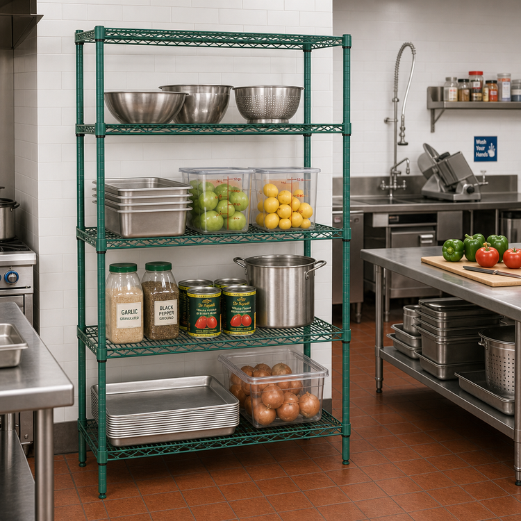 Product image #2 for Quantum Stationary Wire Shelving Starter Kit with 4 Shelves, 48"W x 21"D x 74"H, Green Epoxy Antimicrobial Finish