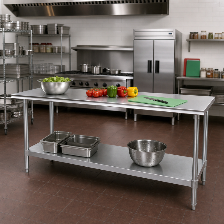 Product image #2 for Advance Tabco 108-Inch x 30-Inch 304 Stainless Steel Flat Top Work Table with Galvanized Legs and Adjustable Undershelf