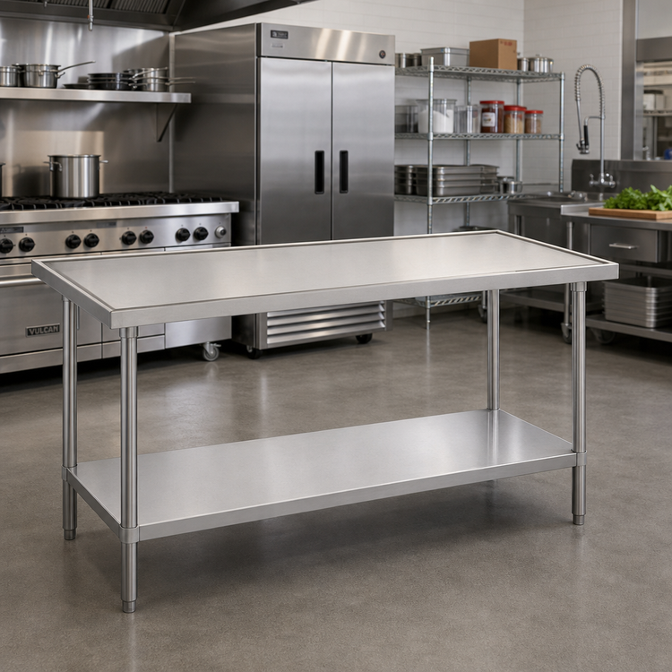 Product image #2 for Advance Tabco 48" x 48" 14-Gauge 304 Stainless Steel Work Table with Countertop No-Drip Edge and Adjustable Galvanized Undershelf