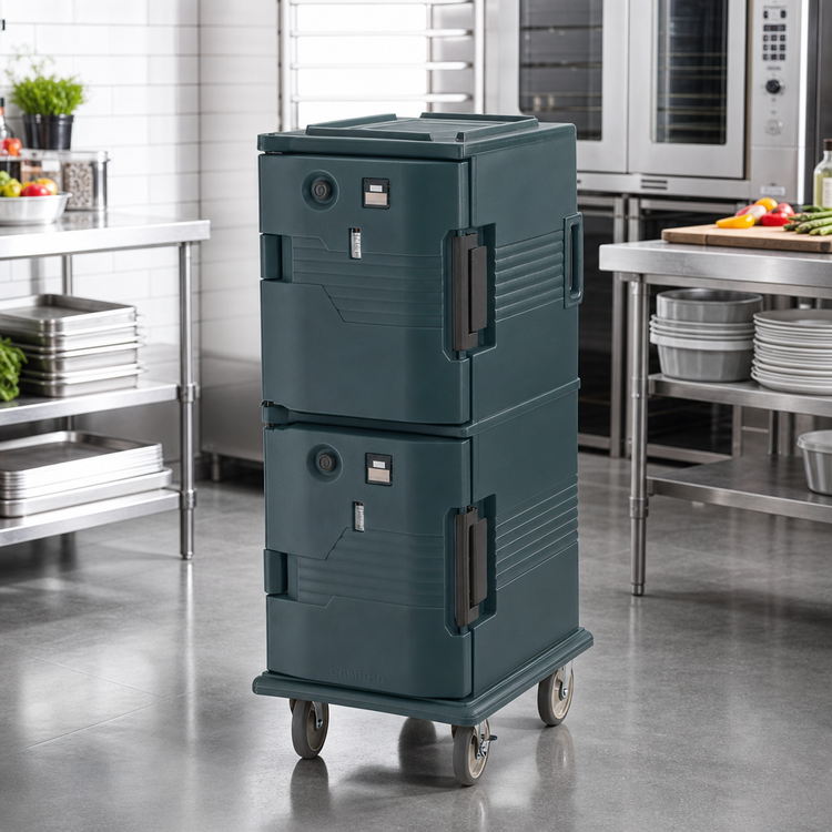 Product image #3 for Cambro Ultra Camcart H-Series 2-Compartment Electric Front-Loading Heated Food Pan Carrier, 110V, Granite Green