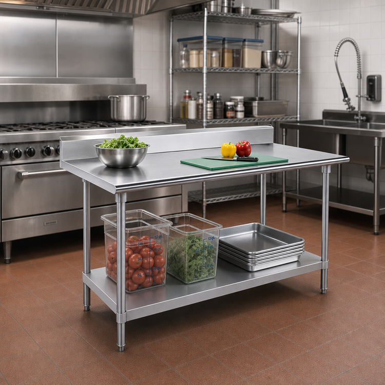 Product image #2 for Advance Tabco 60-Inch W x 24-Inch D Stainless Steel Work Table with 5-Inch Backsplash and Undershelf