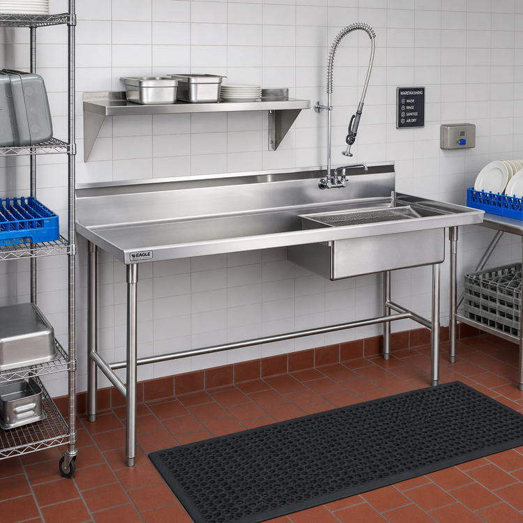Product image #2 for Eagle Group Straight Soiled Dishtable with Left-to-Right Operation, 84 x 30 Inch, 16/430 Stainless Steel Top, 8 Inch Backsplash, Pre-Rinse Sink