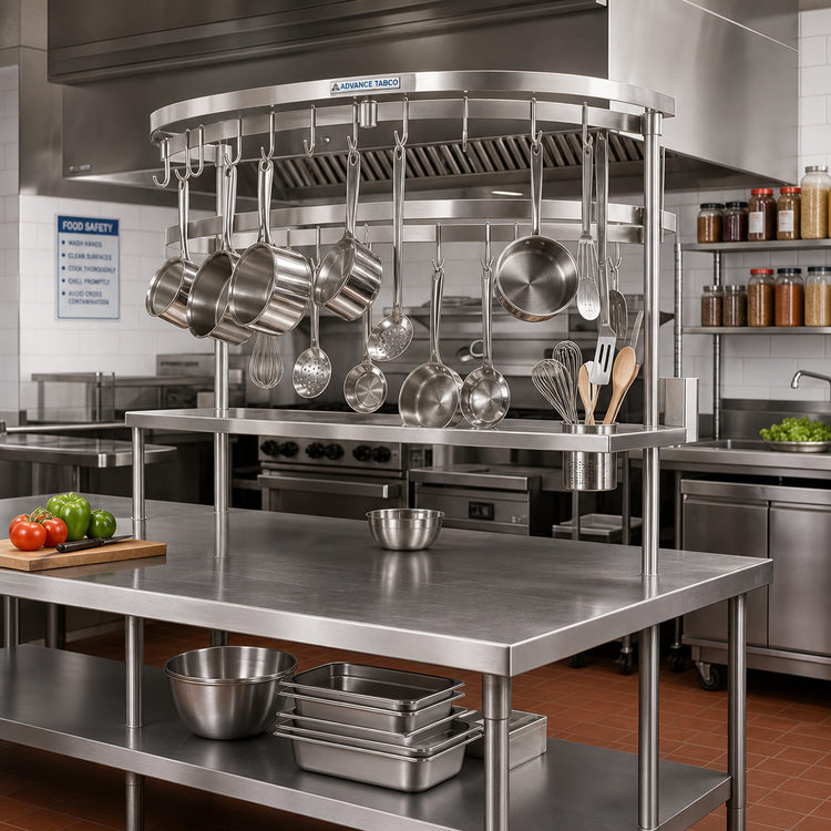 Product image #2 for Advance Tabco SWT-84 Table-Mounted Semi-Circular Stainless Steel Pot Rack with 18 Hooks & Utensil Rack