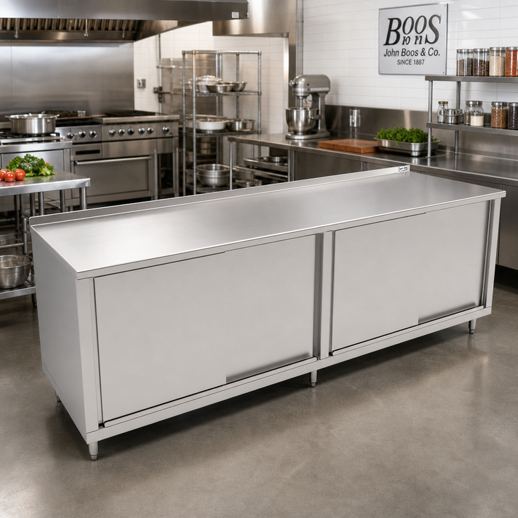Product image #2 for John Boos 144" x 36" Cabinet Base Enclosed Work Table with Sliding Doors and Stainless Steel Top