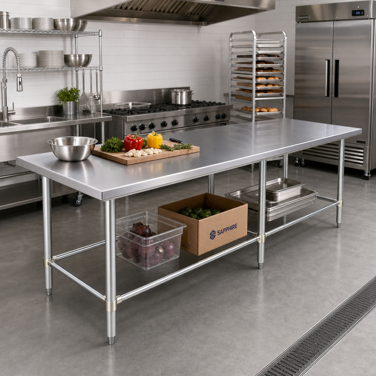 Product image #2 for Sapphire Manufacturing 108-Inch x 36-Inch 18-Gauge 400-Series Stainless Steel Work Table with Galvanized Legs