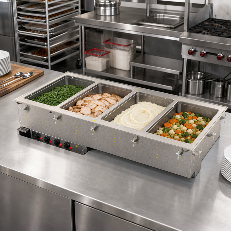 Product image #2 for Vollrath Four-Well Modular Drop-In Electric Hot Food Well Unit, 240V, 2500W, Marine-Grade Stainless Steel Wells, Infinite Controls, Manifold Drain