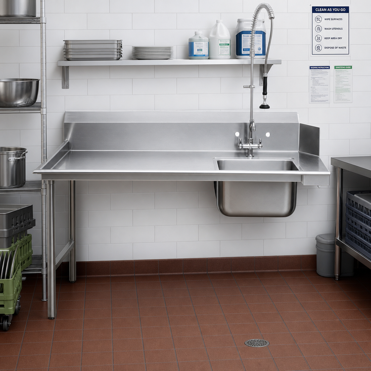 Product image #2 for Advance Tabco Straight Soil Left Dish Table with Pre-Rinse Sink, 71 Inch x 30 Inch, 14 Gauge 304 Stainless Steel