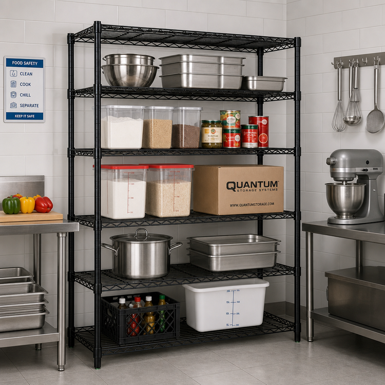 Product image #2 for Quantum 72"W x 14"D x 74"H Wire Shelving Starter Kit with 5 Shelves, Black Epoxy Antimicrobial Finish, 600-800 lb. Capacity