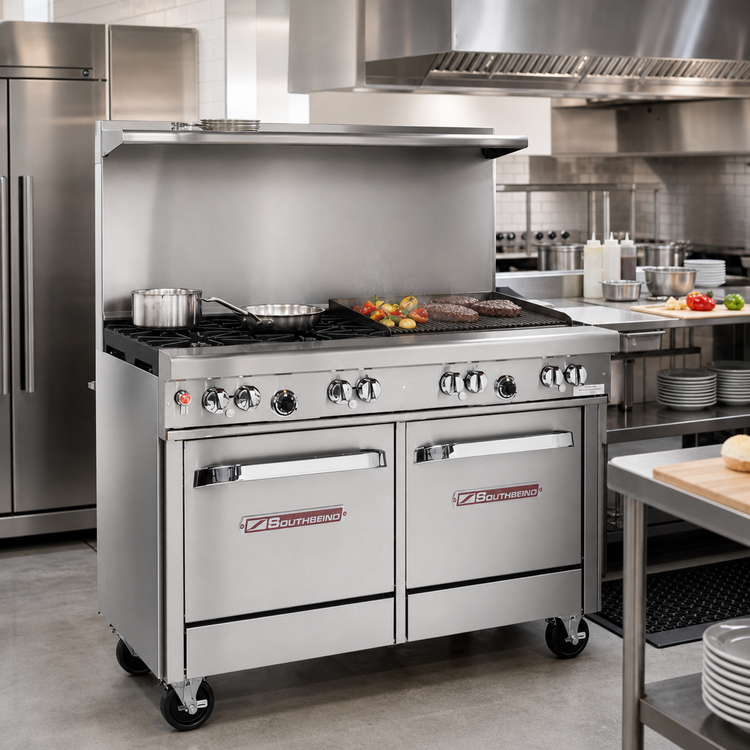 Product image #2 for Southbend Ultimate 48-Inch Gas Restaurant Range with 2 Open Burners, 36-Inch Charbroiler, Standard Oven, and Cabinet Base