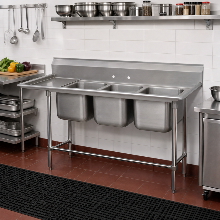 Product image #2 for 3-Compartment Commercial Sink with Right-Hand Drainboard, 14 Gauge 304 Stainless Steel, 106-3/8 Inch