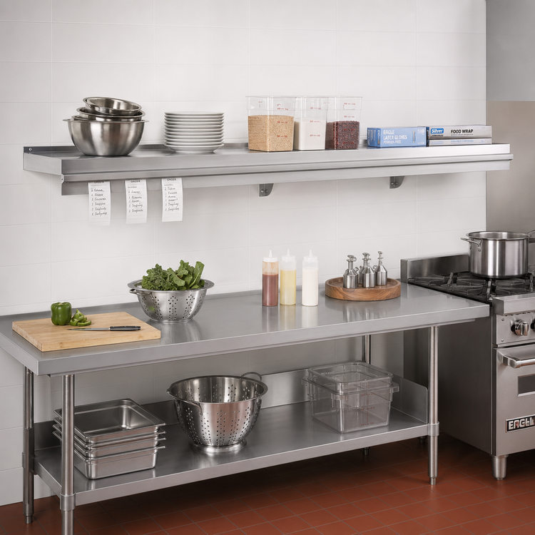 Product image #2 for Eagle Snap-n-Slide Wall-Mounted Shelf with Ticket Rail, 96 x 12 Inches, 430 Stainless Steel