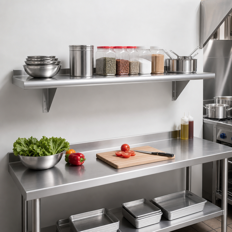 Product image #2 for Advance Tabco 108-Inch x 15-Inch Wall-Mounted 18-Gauge 430 Stainless Steel Wall Shelf