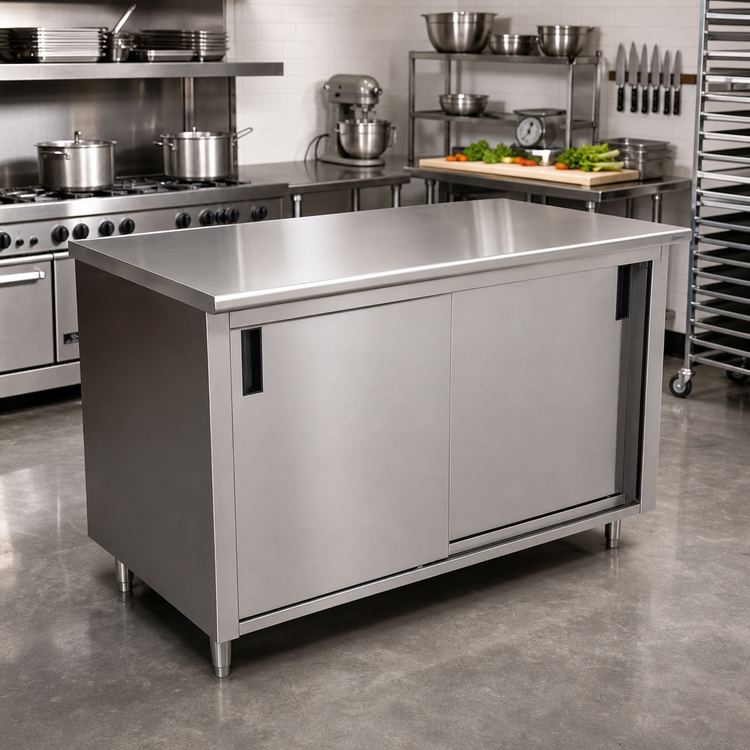 Product image #2 for Advance Tabco 108" x 36" 14-Gauge 304 Stainless Steel Enclosed Work Table with Cabinet Base and Sliding Doors