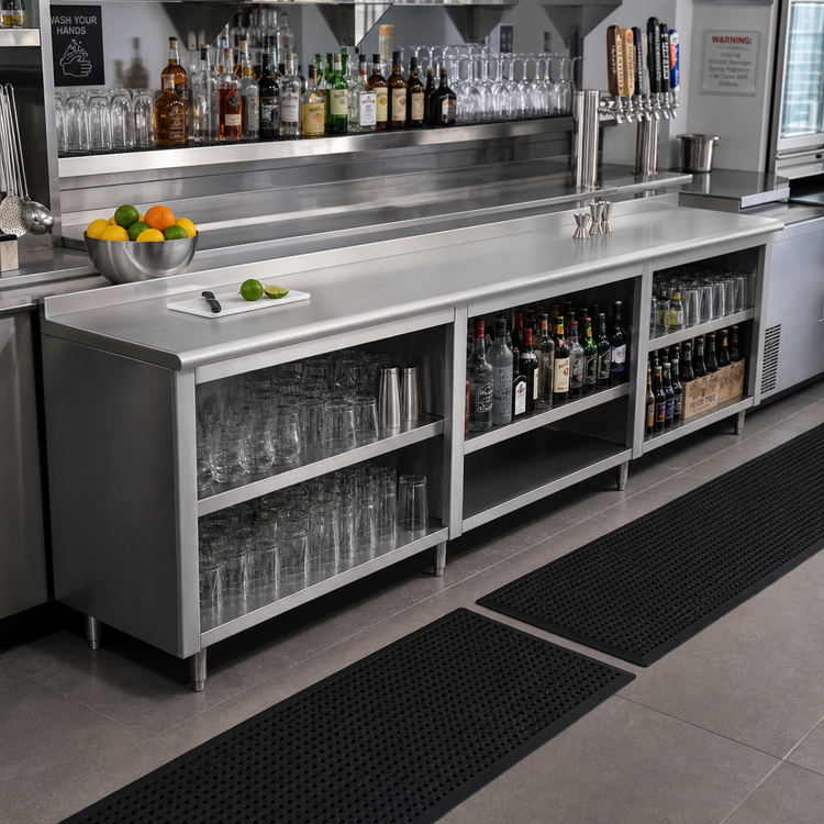 Product image #2 for Advance Tabco 144-Inch x 36-Inch Stainless Steel Underbar Work Table with Open Front Cabinet Base and 1-1/2-Inch Rear Up-Turn