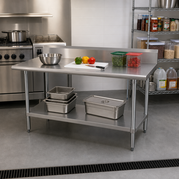 Product image #2 for Advance Tabco Special Value Series 84-Inch x 30-Inch 16-Gauge 430 Stainless Steel Work Table with 5-Inch Backsplash and Adjustable Undershelf