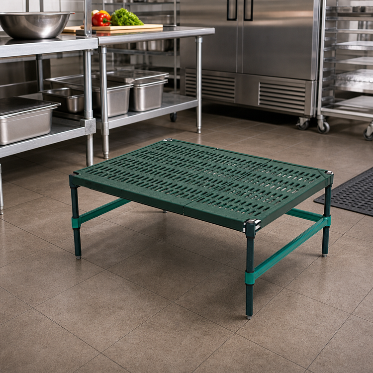 Product image #2 for QuadPlus Mobile Dunnage Rack with Louvered Polypropylene Mat, Green Epoxy Finish, 24 x 24 x 14 in., 800 lb. Capacity