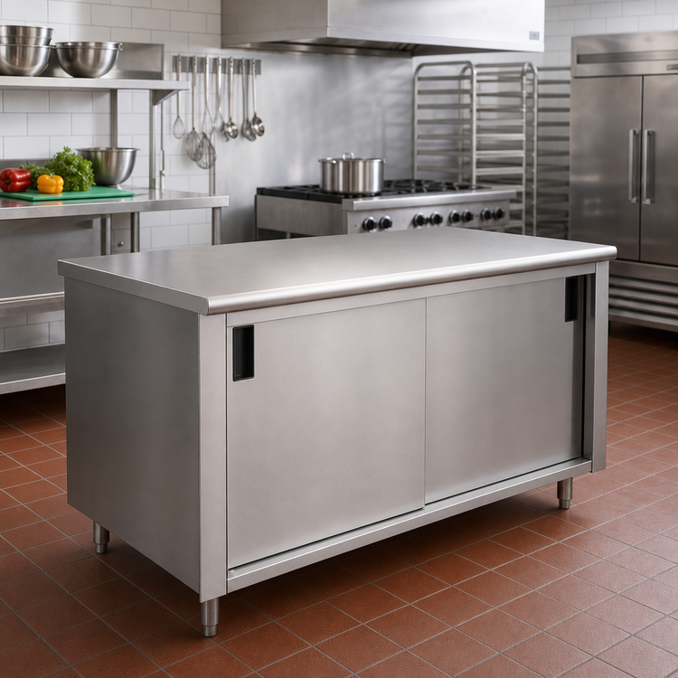 Product image #2 for Advance Tabco Special Value Series Economy Enclosed Work Table with Sliding Doors, 72-Inch x 30-Inch, 16-Gauge 304 Stainless Steel Top