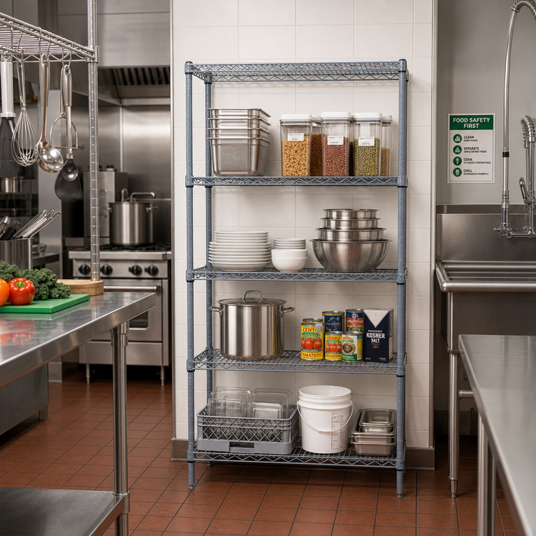 Product image #2 for Quantum Gray Epoxy Antimicrobial Wire Shelving Starter Kit, 36 x 14 x 63 Inches, 4-Shelf Stationary Unit