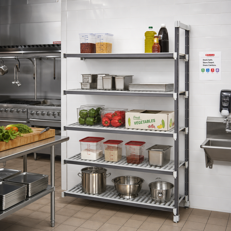 Product image #2 for Cambro Camshelving Elements XTRA Stationary Add-On Unit, 24 x 42 x 64 Inch, 5-Tier Vented Shelving, Speckled Gray
