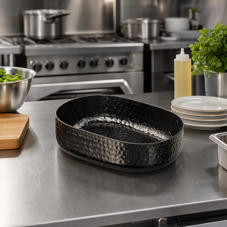 Product image #2 for American Metalcraft Hammered Aluminum Oval Entrée Basket, 48 oz., Black
