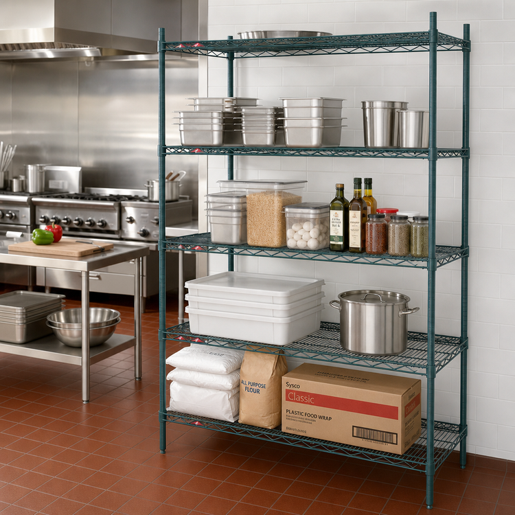 Product image #3 for Metro Super Erecta Stationary Wire Shelving Starter Unit, 48"W x 18"D x 74"H, 5 Shelves, Metroseal 3 Green Epoxy Finish