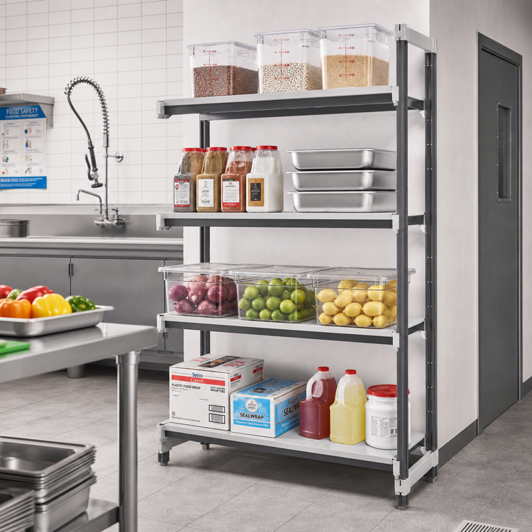 Product image #2 for Cambro Camshelving Elements XTRA Stationary Add-On Polymer Shelving Unit, 21-Inch Deep x 54-Inch Long x 72-Inch High, 4-Tier, Vented and Solid, Speckled Gray