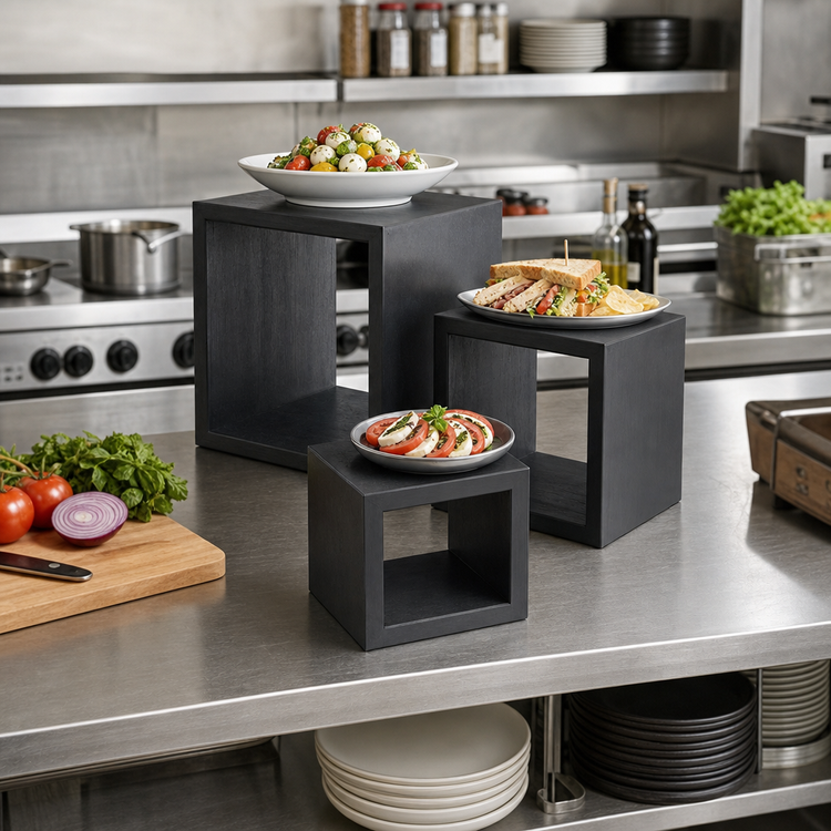 Product image #2 for American Metalcraft RSB1 3-Piece Black Wood Square Riser Set — 5, 7 & 9 Inches