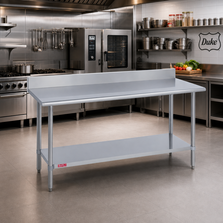 Product image #2 for Duke 144-Inch x 30-Inch 14-Gauge 300-Series Stainless Steel Work Table with 5-Inch Riser and Galvanized Undershelf